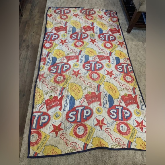 Vintage Handmade Quilt Colorful Brand Names 41x73 Coco Cola Pepsi STP Gold
